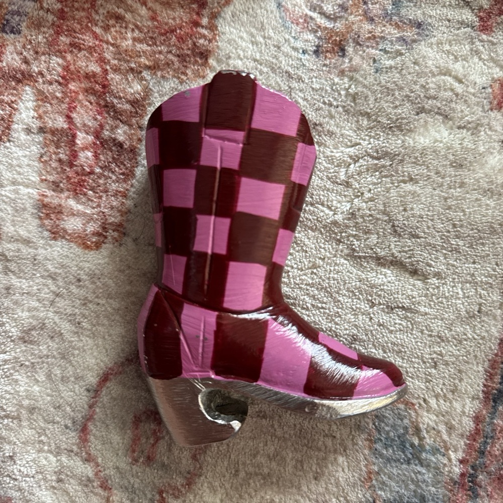 Checkered Pink and Brown Boot Bottle Opener